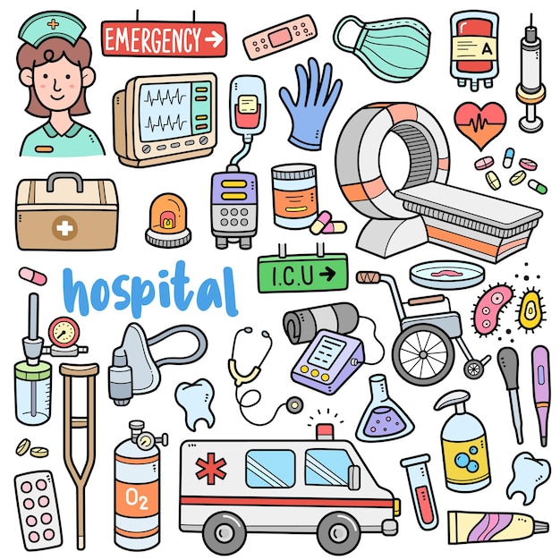 Krankenhaus bunte Vektorgrafik-Elemente und Doodle-Illustrationen