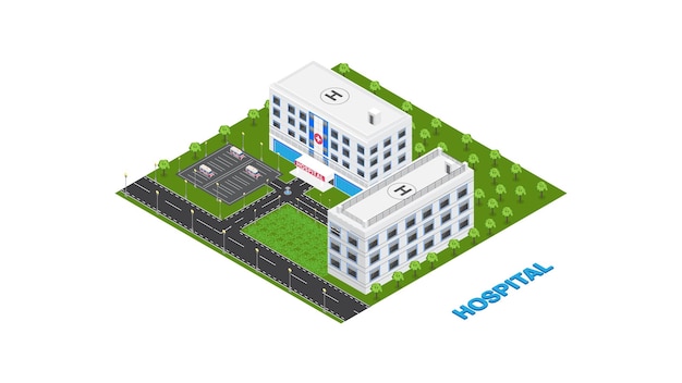 Krankenhaus krankenwagen vektor illustration isometrisch isoliert krankenhausgebäude isometrische ansicht medizinische behandlung und gesundheitsversorgung