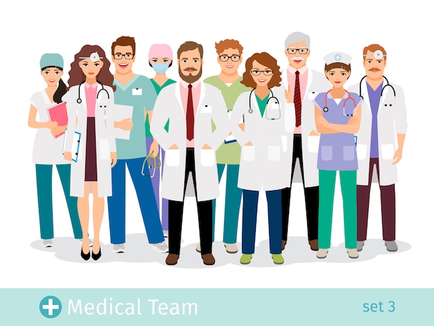 Krankenhaus-Team. Flache Berufsgruppe des medizinischen Personals in der einheitlichen Vektorillustration