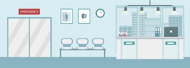 Krankenhausinnenraum mit Theke und Wartebereich-Vektorillustration