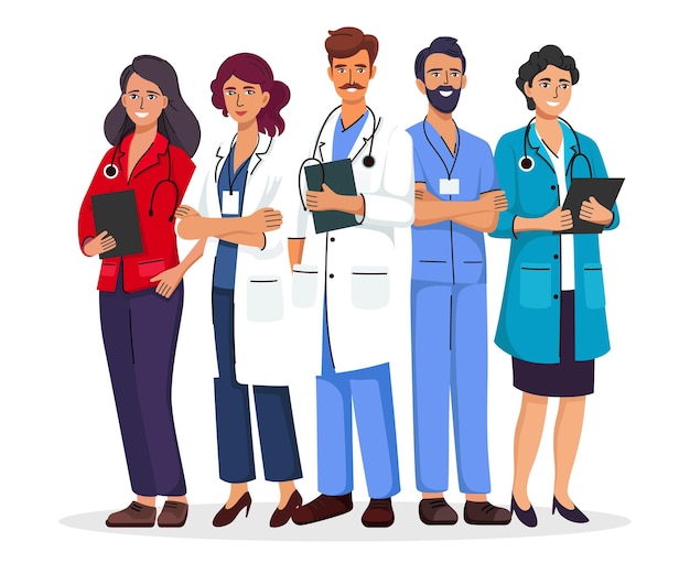 Krankenhausmedizinisches Team steht zusammen Gruppe von männlichen und weiblichen Ärzten, Krankenschwestern und Sanitätern