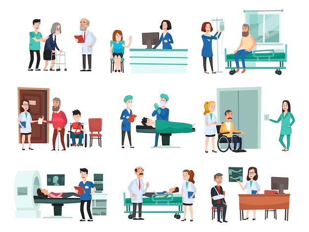 Krankenhauspatienten. Krankenhauspatient auf Krankenhausbett, Krankenschwester und Arzt helfen kranken Menschen isolierte Karikaturillustration