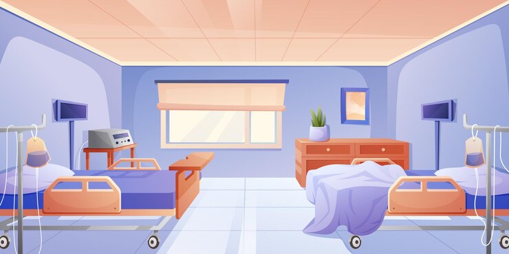 Krankenhausstationsinterieur mit Patientenbetten, Ausrüstung und Fenster Vektor-Cartoon-Illustration