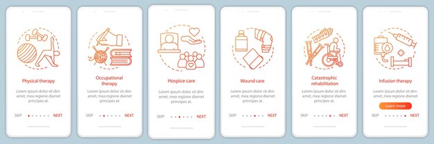 Krankenpflegedienst Onboarding Mobile App Seitenbildschirm Vektorvorlage. Schritte zur Durchführung der Rehabilitationsbehandlung auf der Website. Physiotherapie, Wundversorgung, Hospiz. UX, UI, GUI-Smartphone-Schnittstellenkonzept