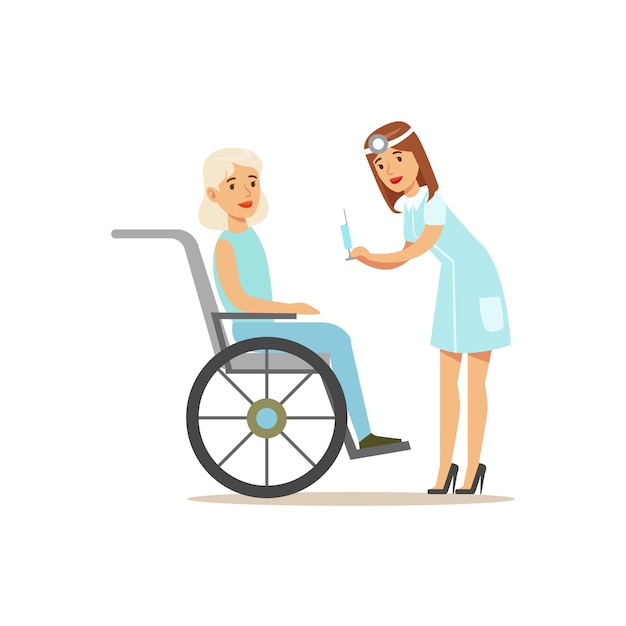 Krankenschwester, die Injektion für alte Dame im Rollstuhlkrankenhaus und im Gesundheitswesen Illustration vorbereitet