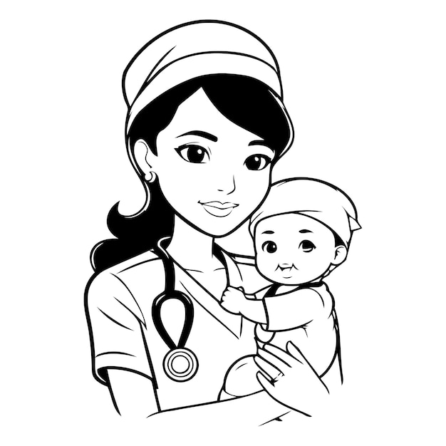 Vektor krankenschwester mit baby-avatar zeichentrickfigur rundes symbol vektor-illustration grafikdesign