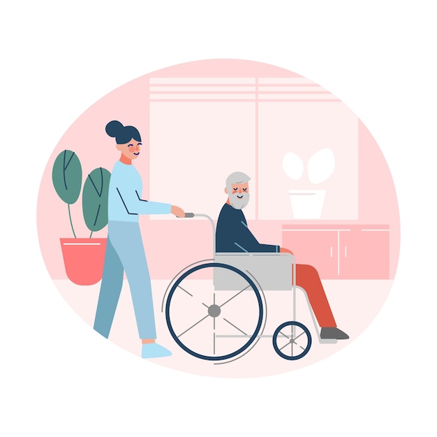 Krankenschwester oder Arzt, der einem behinderten älteren Mann, der in einem Rollstuhl sitzt, hilft