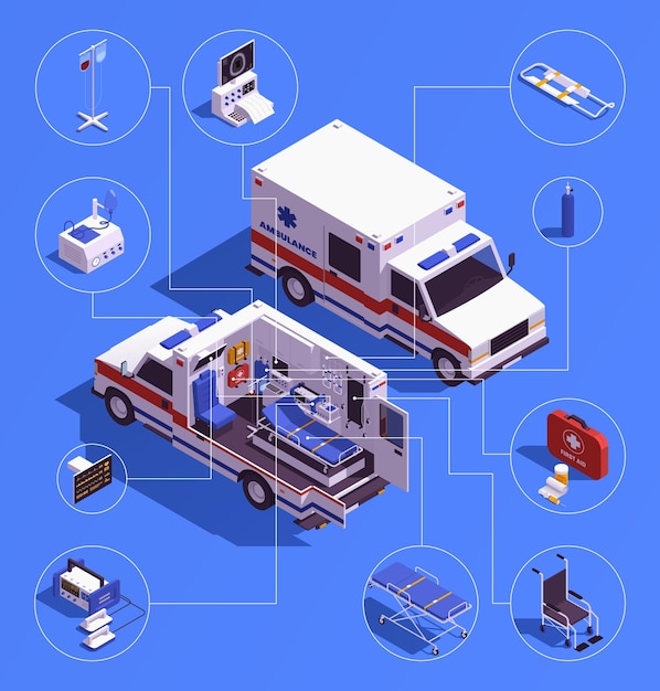 Vektor krankenwagen im geschnittenen isometrischen infografik-hintergrund, der den transport darstellt, der mit moderner high-tech-medizinischer ausrüstung ausgestattet ist, vektorgrafik