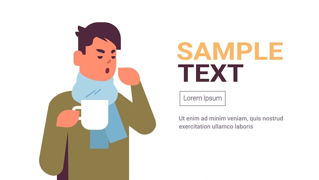 Kranker mann, der niesen trinkt, der heißen tee-webschablone trinkt