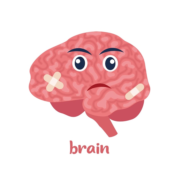 Vektor krankes gehirn mit schmerzen oder krankheit. trauriges zeichentrickfigur-gehirn-körper-organ