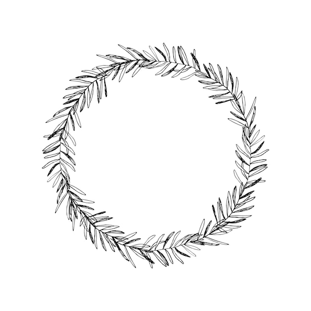 Kranz aus einfachen Zweigen mit verschiedenen Blättern Schwarze Linien auf weißem Hintergrund skizzieren Doodle-Stil Handgezeichnete Vektorillustration mit Kopierbereich