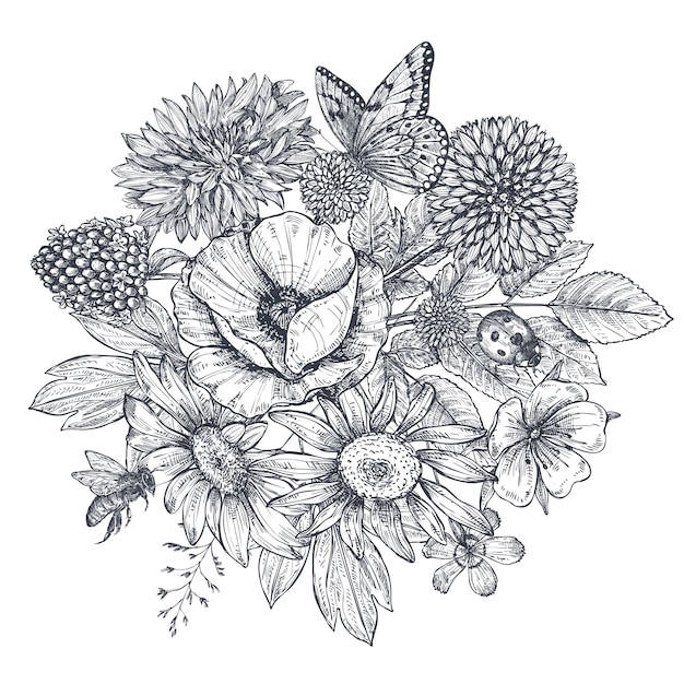 Vektor kranz mit handgezeichneten blumen, blättern, ästen, schmetterling, biene, marienkäfer im skizzenstil. monochrome vektorillustration