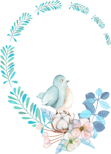 Kranz mit niedlichem vogel des aquarells, blauen pflanzen, blumen