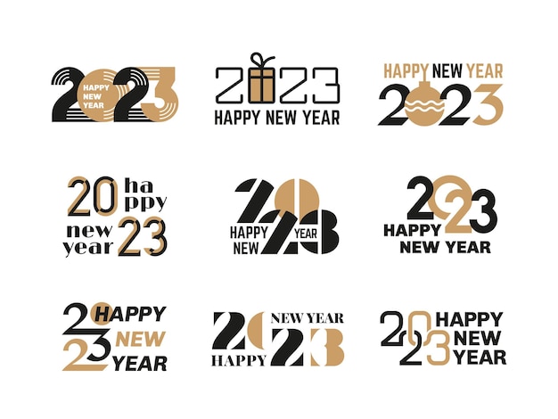 Kreative 2023-nummernzeichen frohes neues jahr nummerndesign kalenderabdeckung dynamische typografieelemente minimaler stil datum ordentliches vektor-schwarzgold-logo