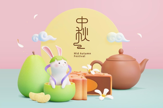 Kreative 3d-grußkarte niedliches kaninchen sitzt in einer pampelmuse mit leckerem mondkuchen und chinesischer keramik-teekanne konzept der traditionellen asiatischen herbstküche übersetzung mid autumn festival