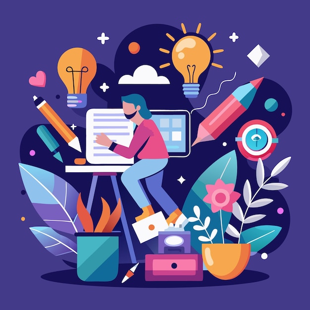 Kreative Arbeitsraum-Illustration Lebendiges Büro-Design mit inspirierenden Elementen