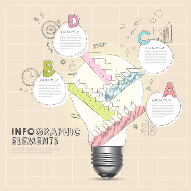 Kreative glühbirne des vektors mit hand zeichnen abstrakte infographic elemente der treppe