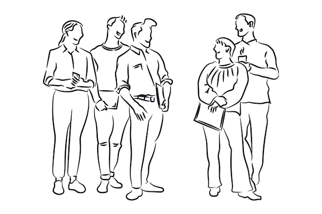 Kreative Gruppe Geschäftsteam Menschen, die zusammen glücklich aussehen, handgezeichnete Linienkunst-Vektorillustration