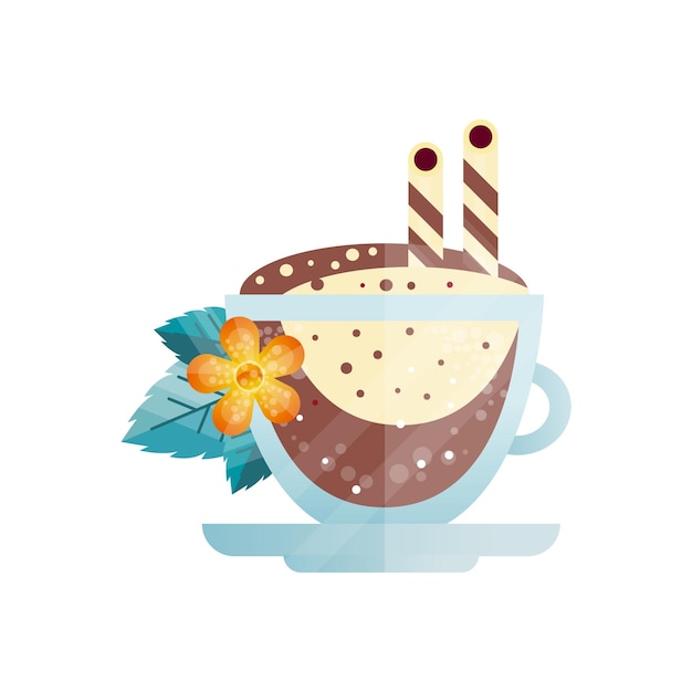Kreative illustration eines köstlichen kaffeegetränks mit trinkhalmen, orangenblüten und grünen blättern. grasschale mit leckerem cappuccino. design für café oder restaurant. flaches vektorsymbol isoliert auf weiß.