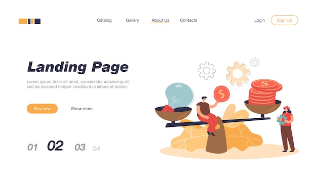 Kreative kleine leute, die preis für idee mit waagen-landing-page-vorlage geben