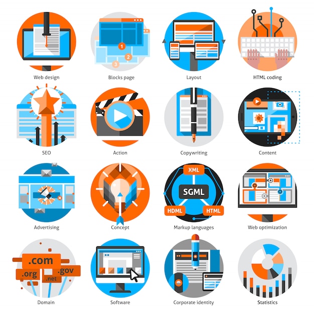 Kreative online-arbeit runde icons set