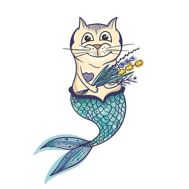 Kreative skizze sea kitty undine illustration auf weißem hintergrund