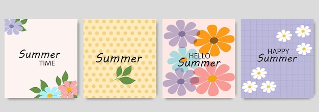 Kreative sommersaison blumige quadratische abdeckung vektor set von banner-design mit blumen blätter zweig