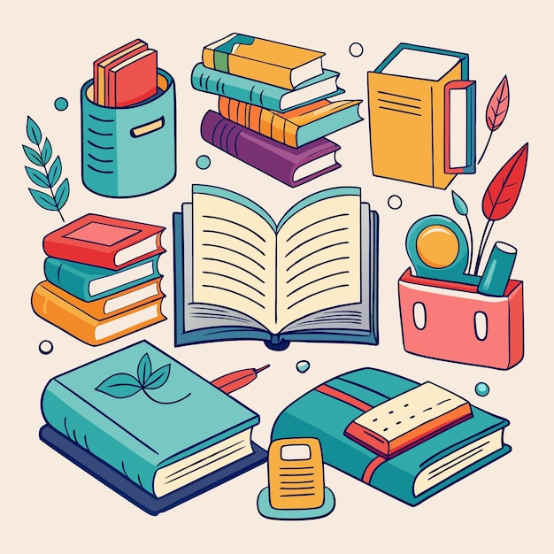 Kreative und farbenfrohe Bildungsillustration mit Büchern und Schulmaterialien