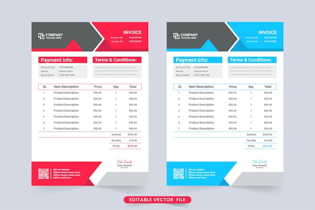 Kreativer minimaler rechnungs- und abrechnungspapier-vorlagenvektor zahlungsbeleg und digitales geschäftsrechnungsdesign mit roten und blauen farben kassenbeleg für den produktkauf mit preisabschnitt