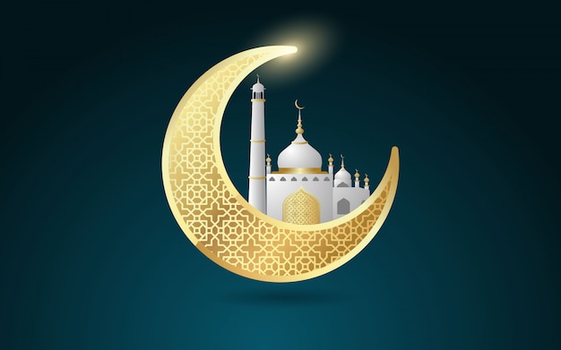 Kreativer mond mit moschee für moslemisches gemeinschaftsfestival, ramadan kareem-feier