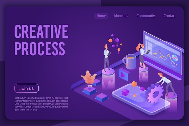 Kreativer Prozess isometrische dunkelviolette Neonlicht-Landingpage-Vorlage.