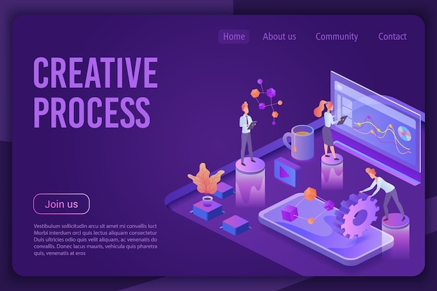 Kreativer prozess isometrische dunkelviolette neonlicht-landingpage-vorlage.