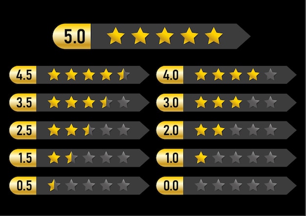 Vektor kreativer vektorsatz von bewertungssternen in einem rahmen in gold und schwarz