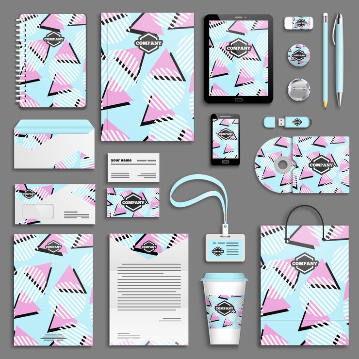 Vektor kreativer vorlagensatz für corporate identity. geschäftsbriefpapier mit logo. branding-design. memphis textur. buntes geometrisches design