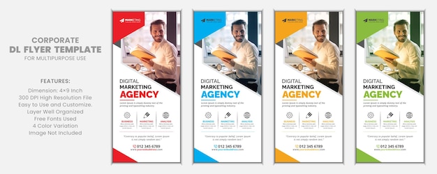 Kreatives abstraktes corporate dl flyer template design mit buntem akzent