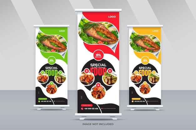 Vektor kreatives abstraktes food-roll-up-banner-design für restaurant