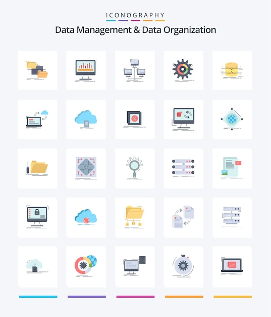 Kreatives datenmanagement und datenorganisation 25 flaches icon-paket, z. b. computerverbindung für verwaltungseinstellungsdaten