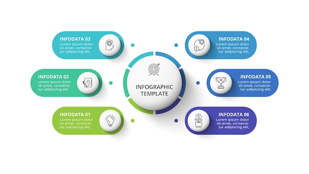 Kreatives Konzept für Infografik mit 6 Schritten Optionen Teile oder Prozesse Visualisierung von Geschäftsdaten