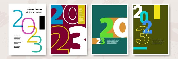 Vektor kreatives konzept von 2023 happy new year poster set designvorlagen mit typografie-logo 2023 für feier- und saisondekoration minimalistische trendige hintergründe für branding-banner-deckkarte