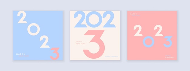 Kreatives konzept von 2023 happy new year poster set designvorlagen mit typografie-logo 2023 zum feiern pastellfarben design minimalistische trendige hintergründe für branding-banner-cover-karte