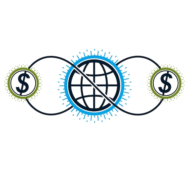 Kreatives logo für global business und e-business, einzigartiges vektorsymbol, das mit verschiedenen elementen erstellt wurde. globales finanzsystem. weltwirtschaft.