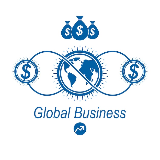 Kreatives logo für global business und e-business, einzigartiges vektorsymbol, das mit verschiedenen elementen erstellt wurde. globales finanzsystem. weltwirtschaft.