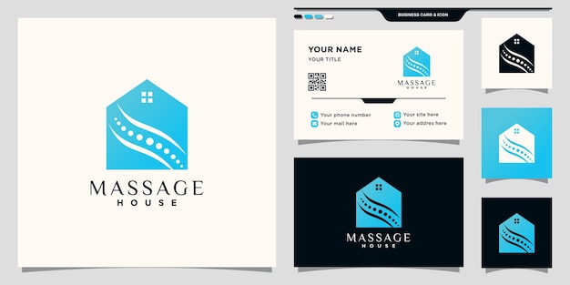 Kreatives massage- und hauslogo mit negativem raumkonzept und visitenkartendesign premium-vektor