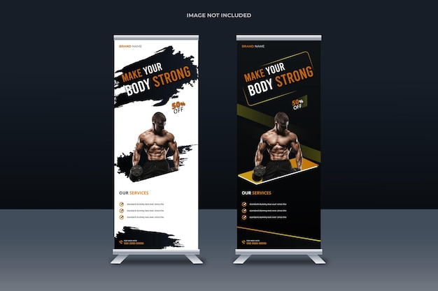 Vektor kreatives roll-up-banner für fitness und fitnessstudio, pull-up-banner, standee x banner-vorlage