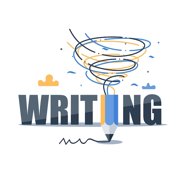 Kreatives Schreiben, Storytelling-Konzept-Workshop, Idee mit Bleistift wie Tornado, Illustration
