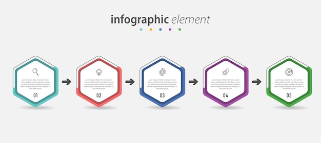 Kreatives sechseck-infografik-design mit 5 schrittlinien