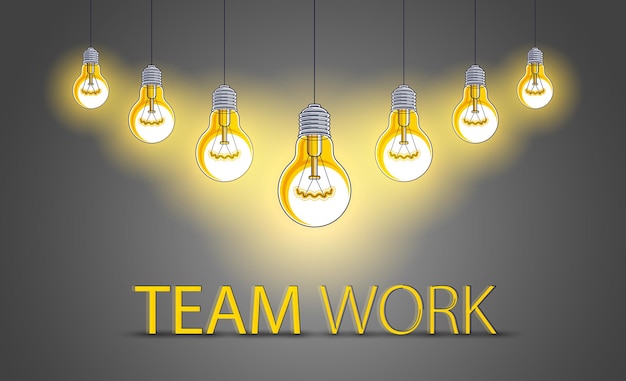 Kreatives teamkonzept, eine gruppe von fünf leuchtenden glühbirnen stellt die idee der teamarbeit kreativer menschen dar, die ideen haben, die zusammenarbeiten, vektorillustration.
