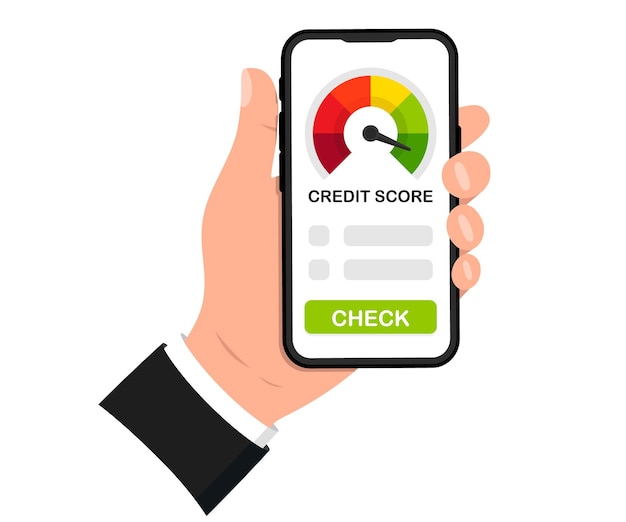 Vektor kredit-score-banner auf dem smartphone messung von schlechter bis ausgezeichnete bewertung für kredit- oder hypothekendarlehen telefon mit finanzieller bewertungsskala von schlechte bis gute rate kreditmesser auf dem telefonbildschirm