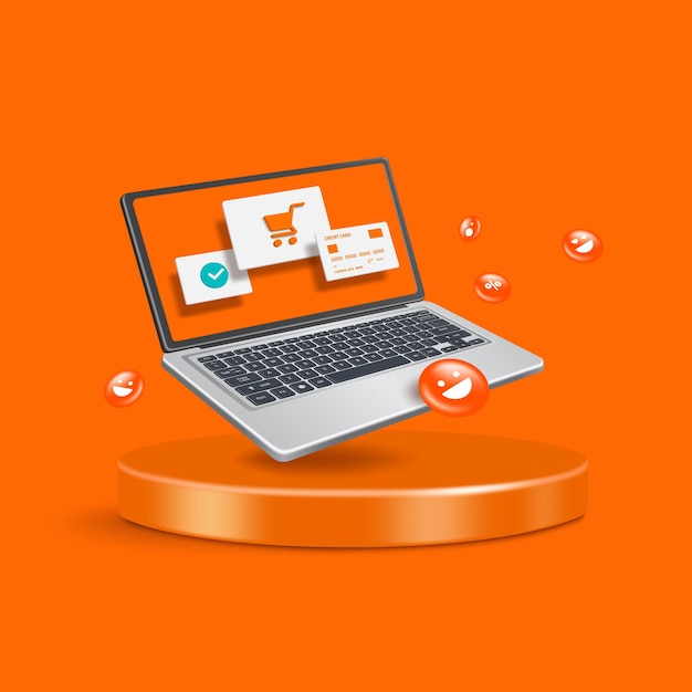 Kreditkarten-Einkaufswagen-Symbol und Bestellbestätigungs-Symbol auf dem Computer-Laptop-Bildschirm und alle schwebten auf rundem Podium