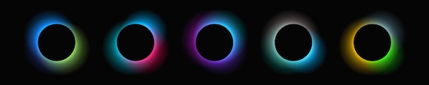 Kreis beleuchteter rahmen mit farbverlauf set aus fünf runden neonbannern isoliert auf schwarzem hintergrund